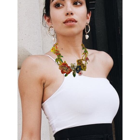 Gold Tone Multi-Color Czech Tropical Bib Necklace 16 plus 3 inch extender - Picture 3 of 7